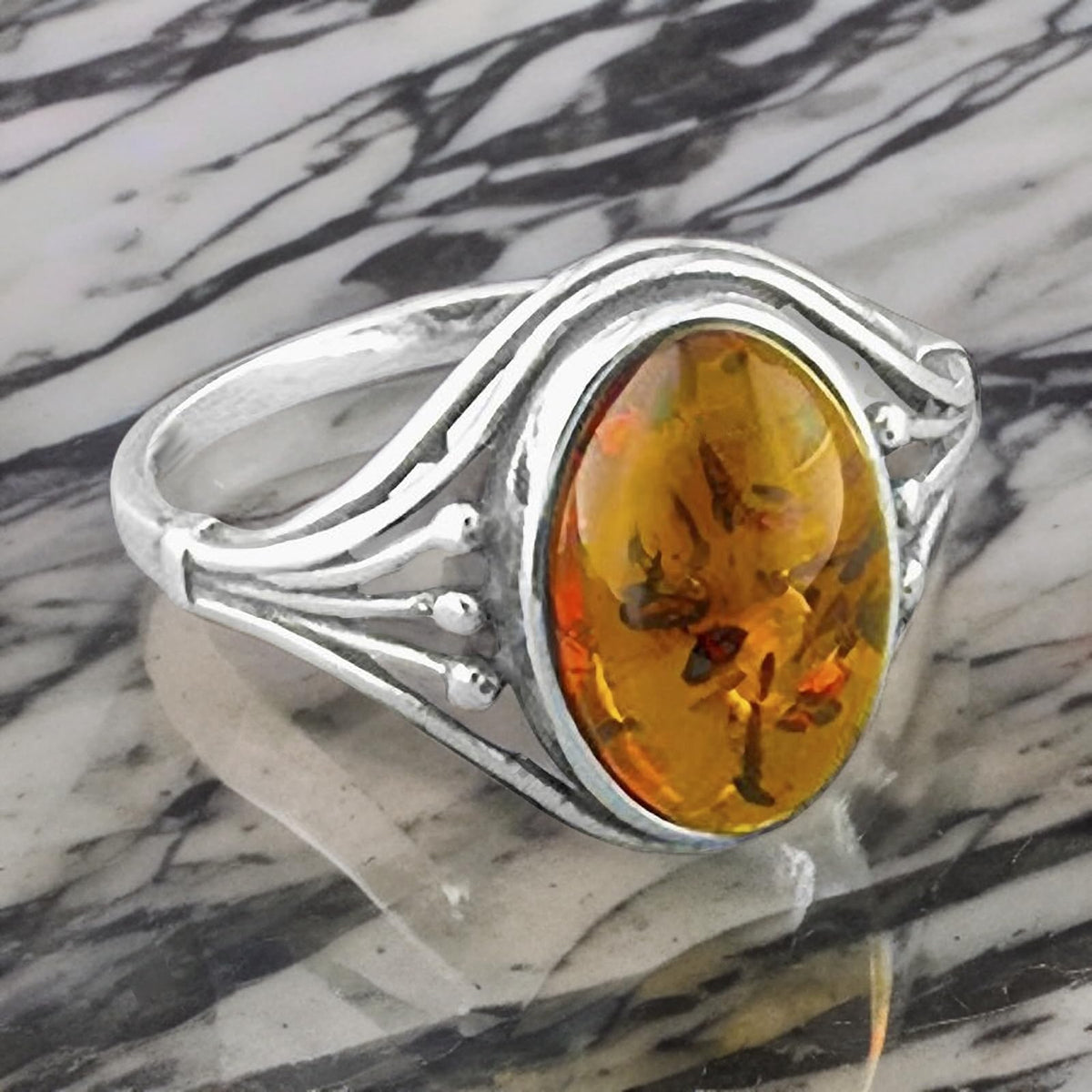 Oval Cognac Amber Sterling Silver Ring With Ribbed Shoulders - Orange Brown Amber Jewellery – Sizes L-R Available