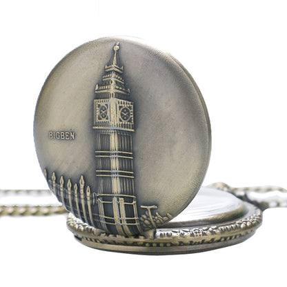 Big Ben Clock of London Brushed Bronze Effect Antiqued/Vintage Case Men's Quartz Pocket Watch Necklace - On 32" Inch / 80cm Chain
