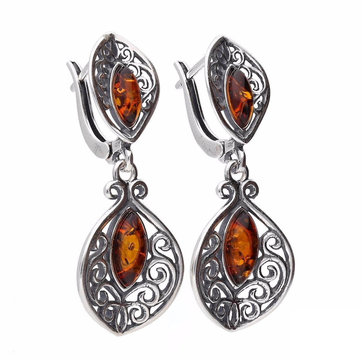 Cognac Amber Sterling Silver Earrings - Unusual Amber Fancy Silver Dangly/Dangle Drop Earrings for Women/Teenage/Girls - 925 Sterling Silver - Amber Jewellery. 070070A