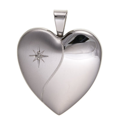 24MM Wide Two Tone (Half Satin & Half Polished) Diamond Set Family Heart Locket - 925 Sterling Silver - Engravable