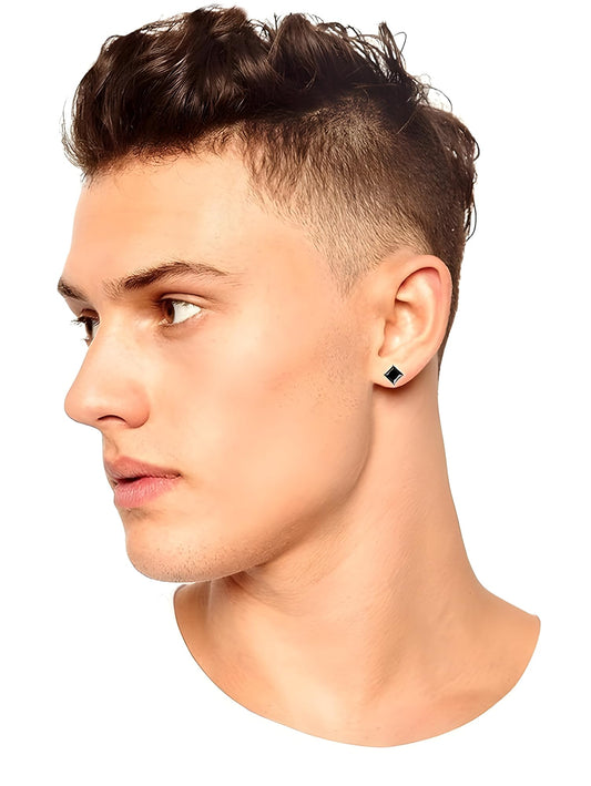 MENS 6MM Square Black Cubic Zirconia (CZ) Set Single Stud Earring/Ear Stud - 925 Sterling Silver