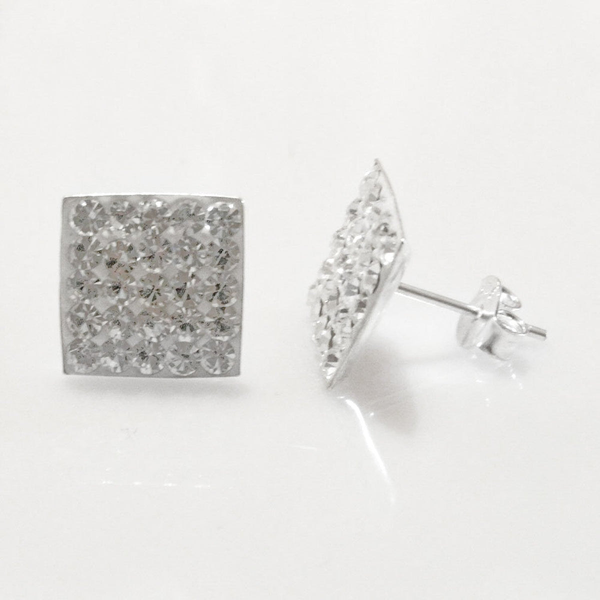 10MM Bling MENS LARGE Square Micro Pave Austrian Crystal Sterling Silver Stud Earrings - White/Clear