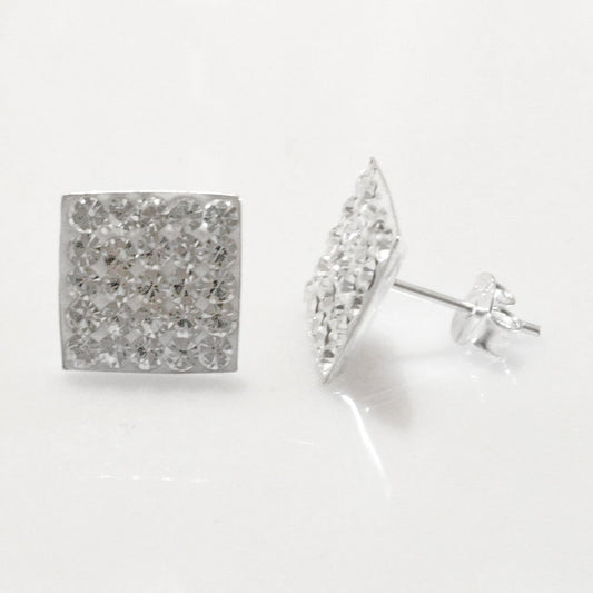 10MM Bling MENS LARGE Square Micro Pave Austrian Crystal Sterling Silver Stud Earrings - White/Clear