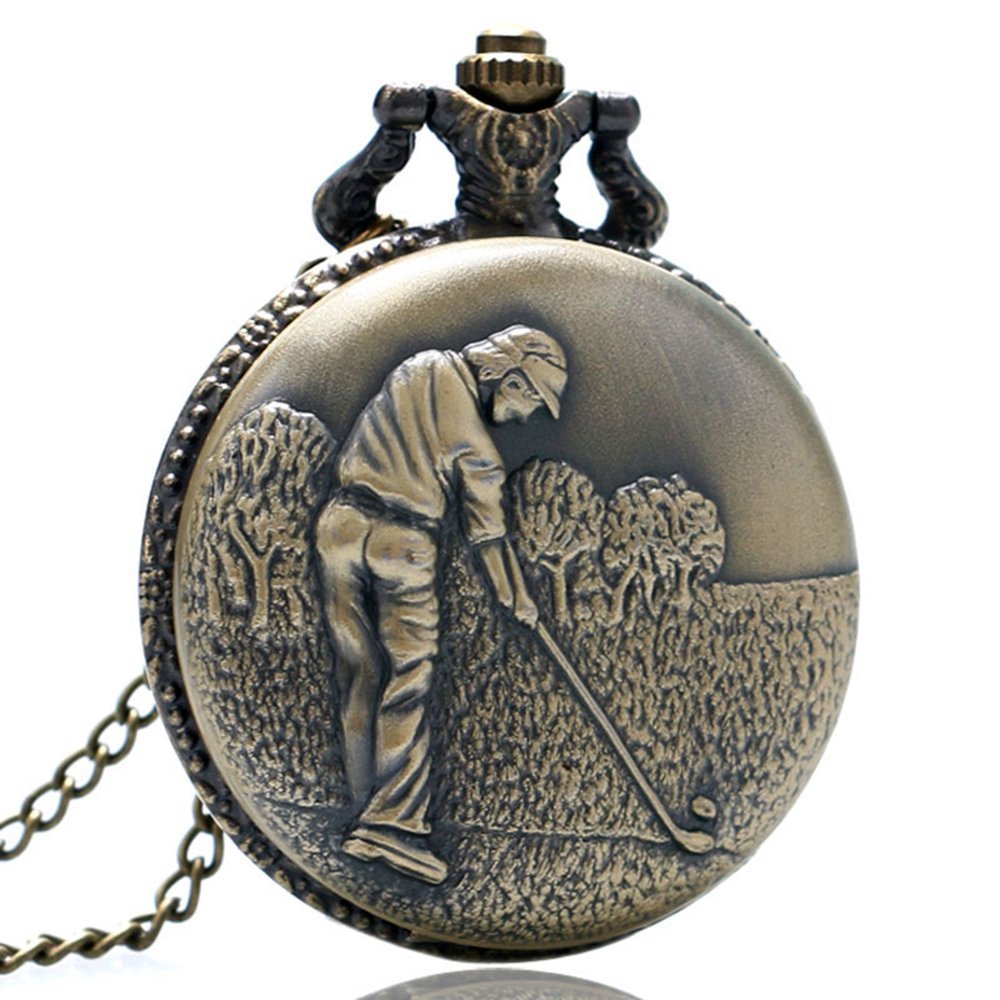 Golf/Golfing/Golfer Theme 3D Bronze Effect Quartz Pocket Watch Necklace - On 32" Inch / 80 