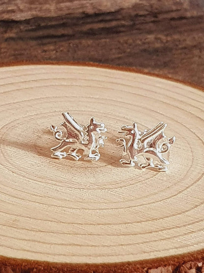 Wales/Welsh Dragon Stud Earrings/Ear Studs - 10mm W X 8mm H - 925 Sterling Silver - Welsh Jewellery