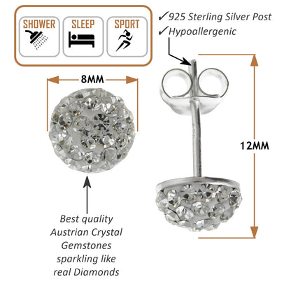 8MM Sparkling White/Clear Austrian Crystal Pave Half Dome Glitter/Disco Ball Stud Earrings/Ear Studs for Women Ladies Girls - 925 Sterling Silver