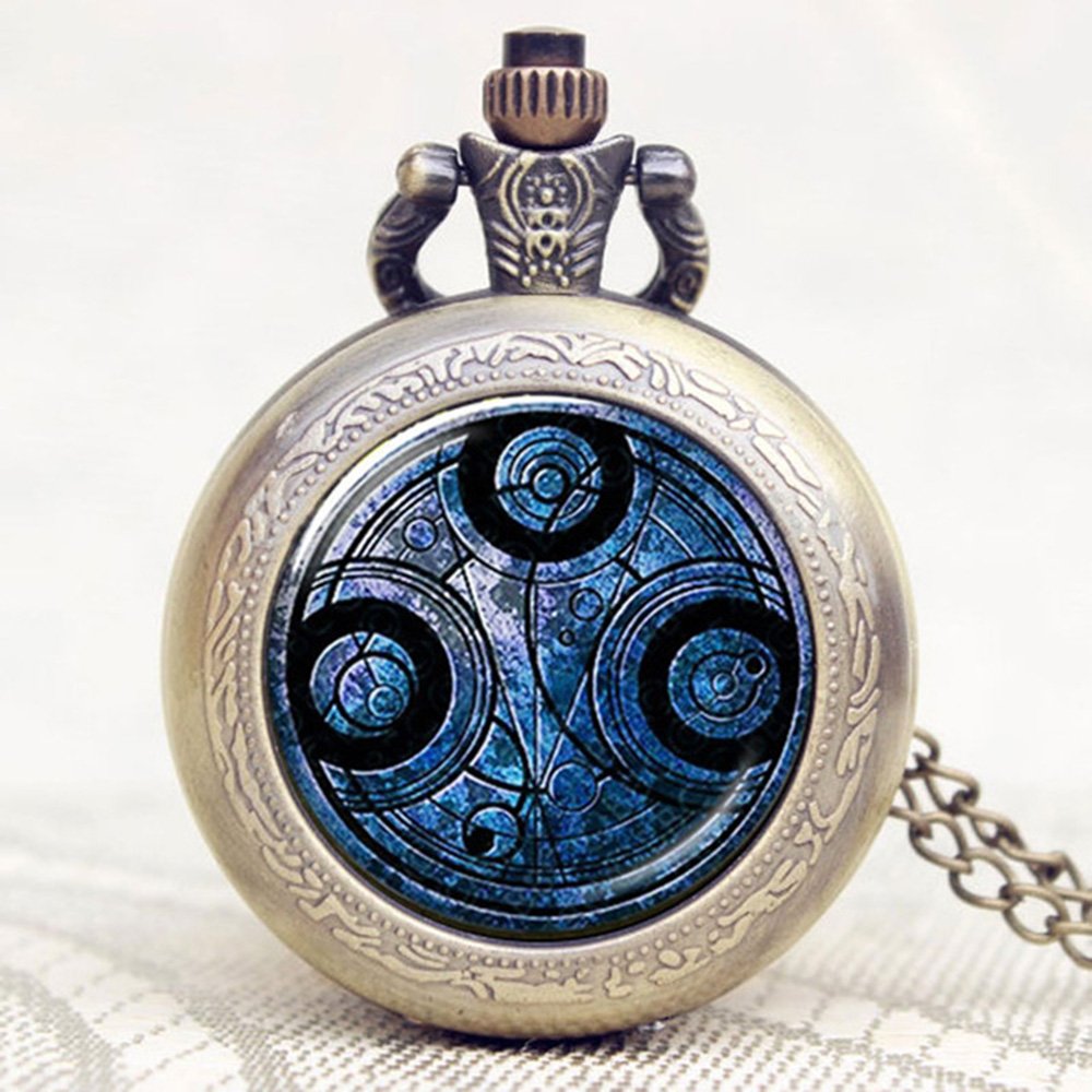 DR WHO Blue Gallifrey Timelord Seal Bronze Effect Retro/Vintage Case Full Hunter Mens/Boys Quartz Pocket Watch Necklace - On 32" Inch / 80cm Chain