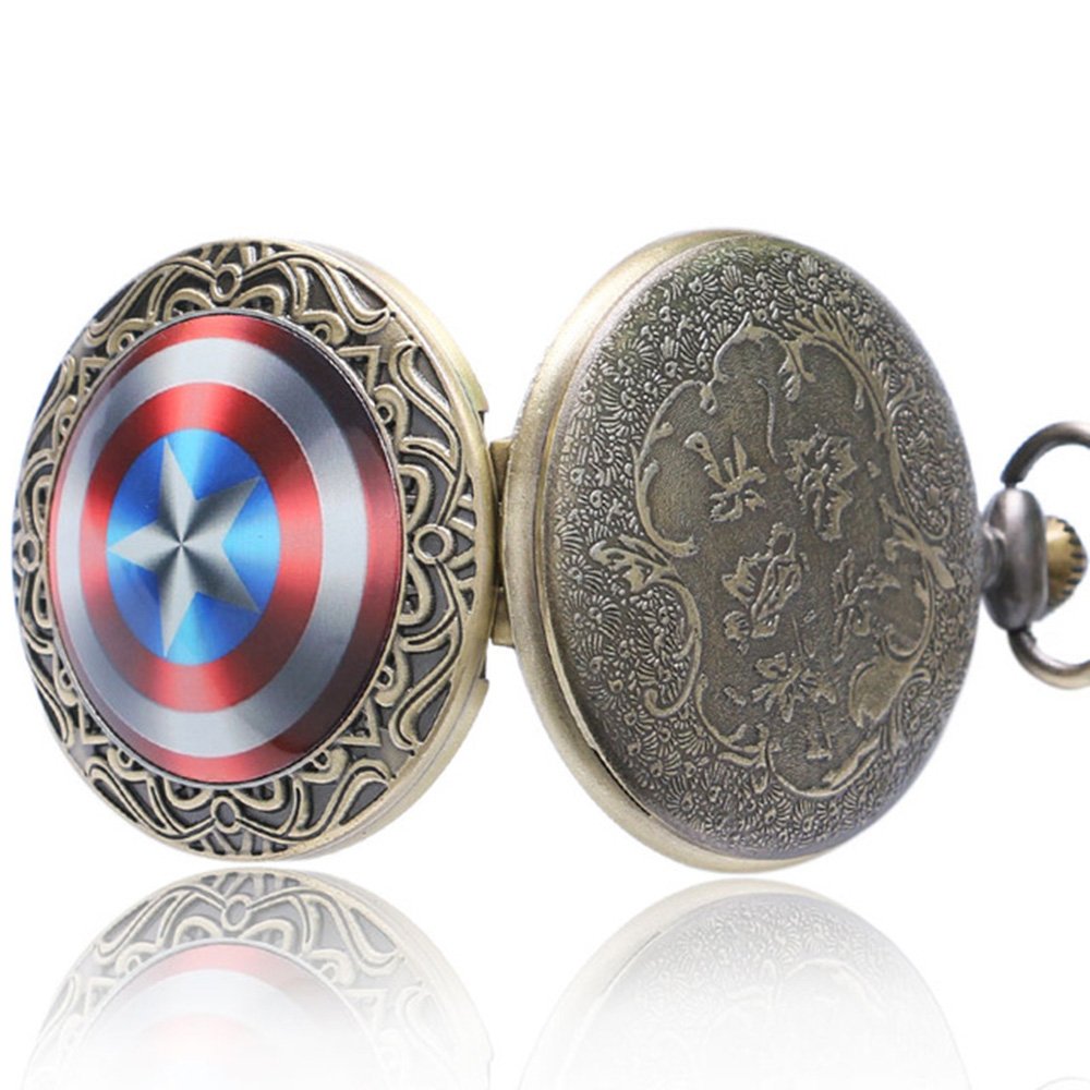 Captain America Shield Bronze Effect Antiqued/Vintage Case Men's Quartz Pocket Watch Necklace - On 32" inch / 80cm Chain