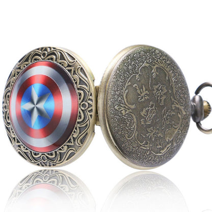 Captain America Shield Bronze Effect Antiqued/Vintage Case Men's Quartz Pocket Watch Necklace - On 32" inch / 80cm Chain
