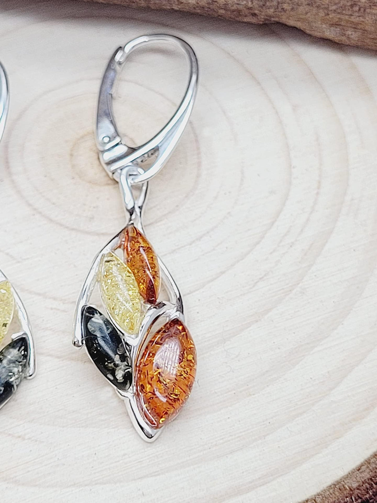 Warped Teardrop Mixed Baltic Amber Lever Back Fancy Dangly/Dangle Drop Silver Earrings for Women/Ladies/Girls - 925 Sterling Silver - Amber Jewellery for Women. 070238