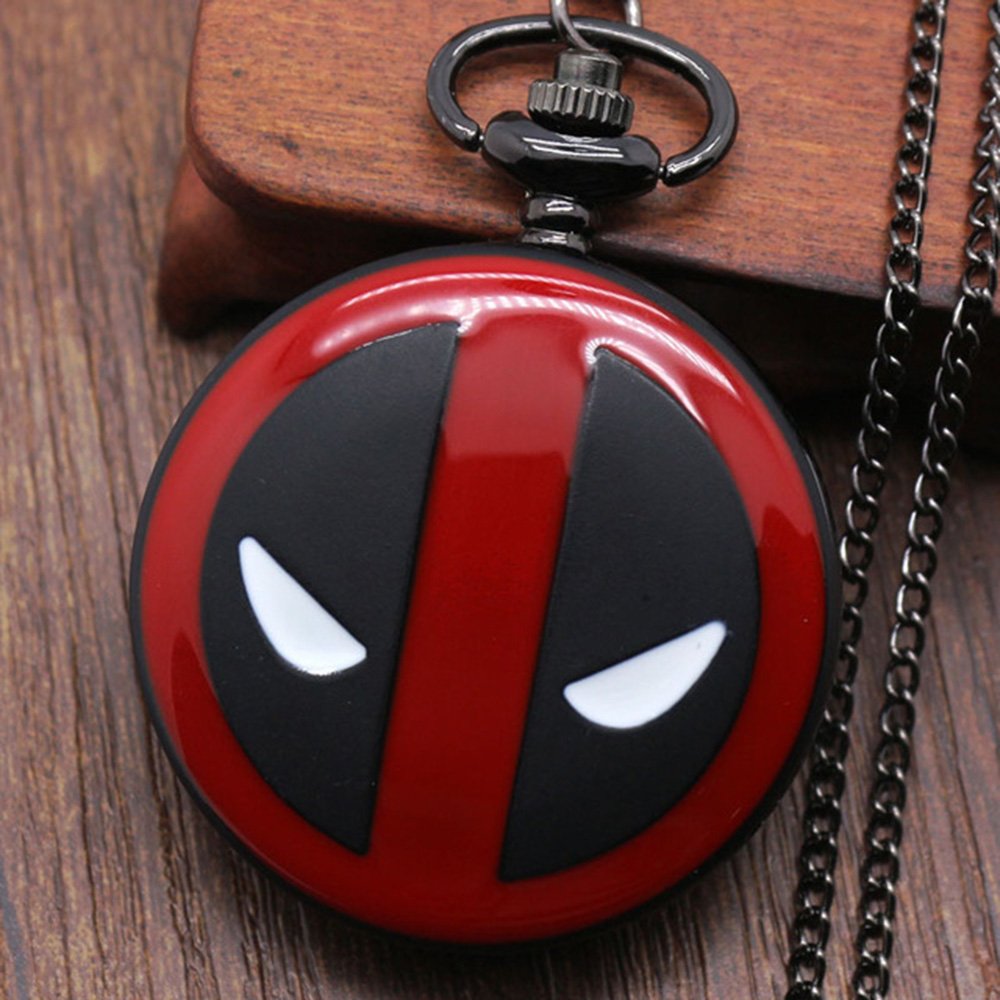 Deadpool Red & Black Finished Case Men's Quartz Pocket Watch Necklace - On 32" Inch / 80cm Chain