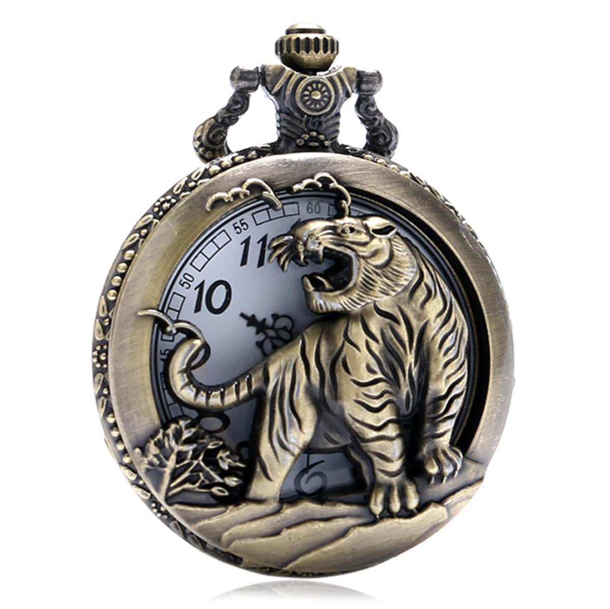 Tiger CAT 3D Half Hunter Brushed Bronze Effect Antiqued/Vintage Case Men's Quartz Pocket Watch Necklace - On 32" Inch / 80cm Chain
