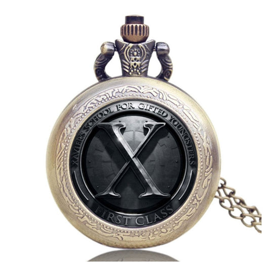 Xmen Logo Antique Bronze Effect Retro/Vintage Case Men's Quartz Pocket Watch Necklace - On 32" Inch / 80cm Chain