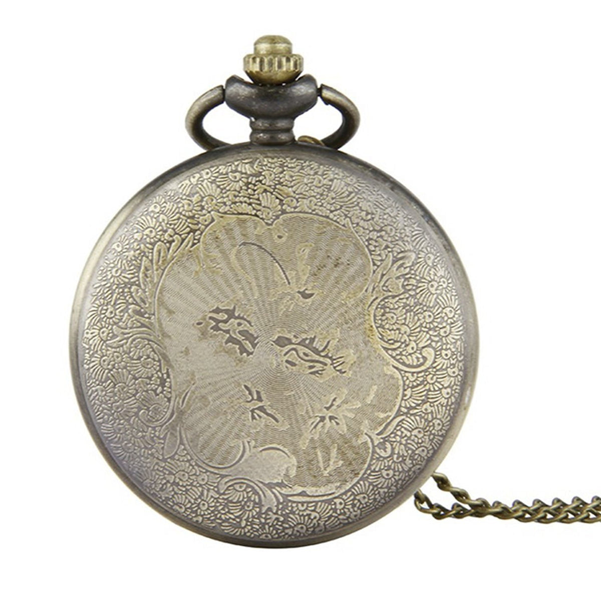 Chinese Dragon Themed Bronze Effect Unisex Quartz Pocket Watch Necklace - On 32" Inch / 80 