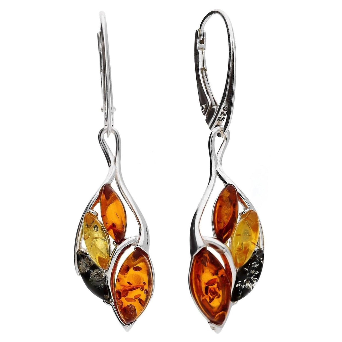 Warped Teardrop Mixed Baltic Amber Lever Back Fancy Dangly/Dangle Drop Silver Earrings for Women/Ladies/Girls - 925 Sterling Silver - Amber Jewellery for Women. 070238