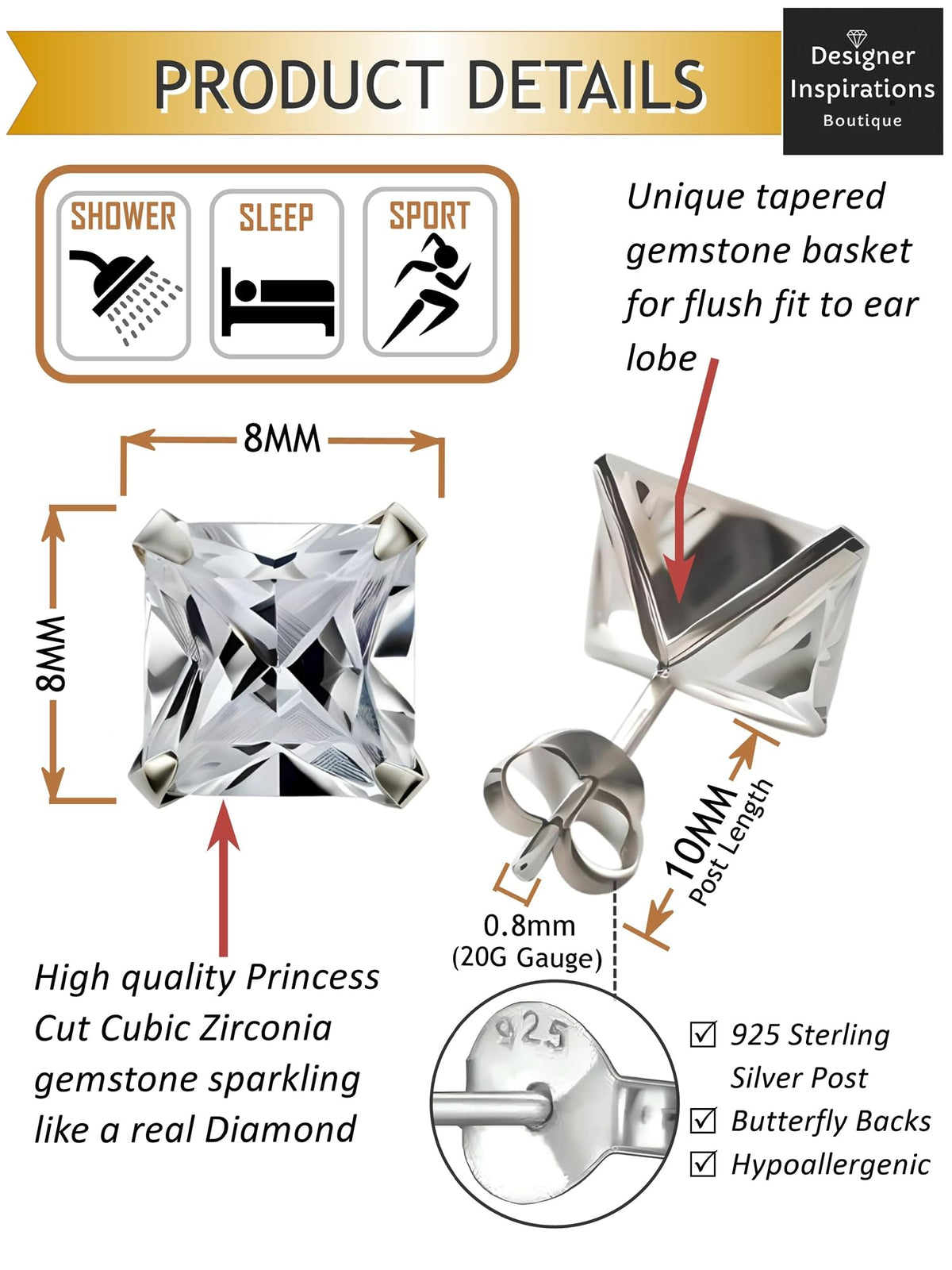 MENS Princess Cut/Square Simulated Diamond Cubic Zirconia (CZ) Sterling Silver Stud Earrin 