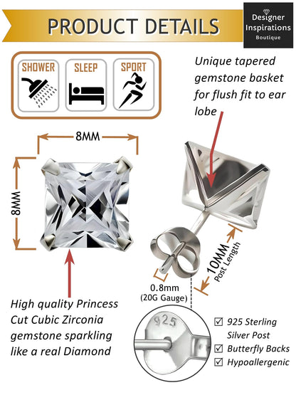MENS Princess Cut/Square Simulated Diamond Cubic Zirconia (CZ) Sterling Silver Stud Earrin 