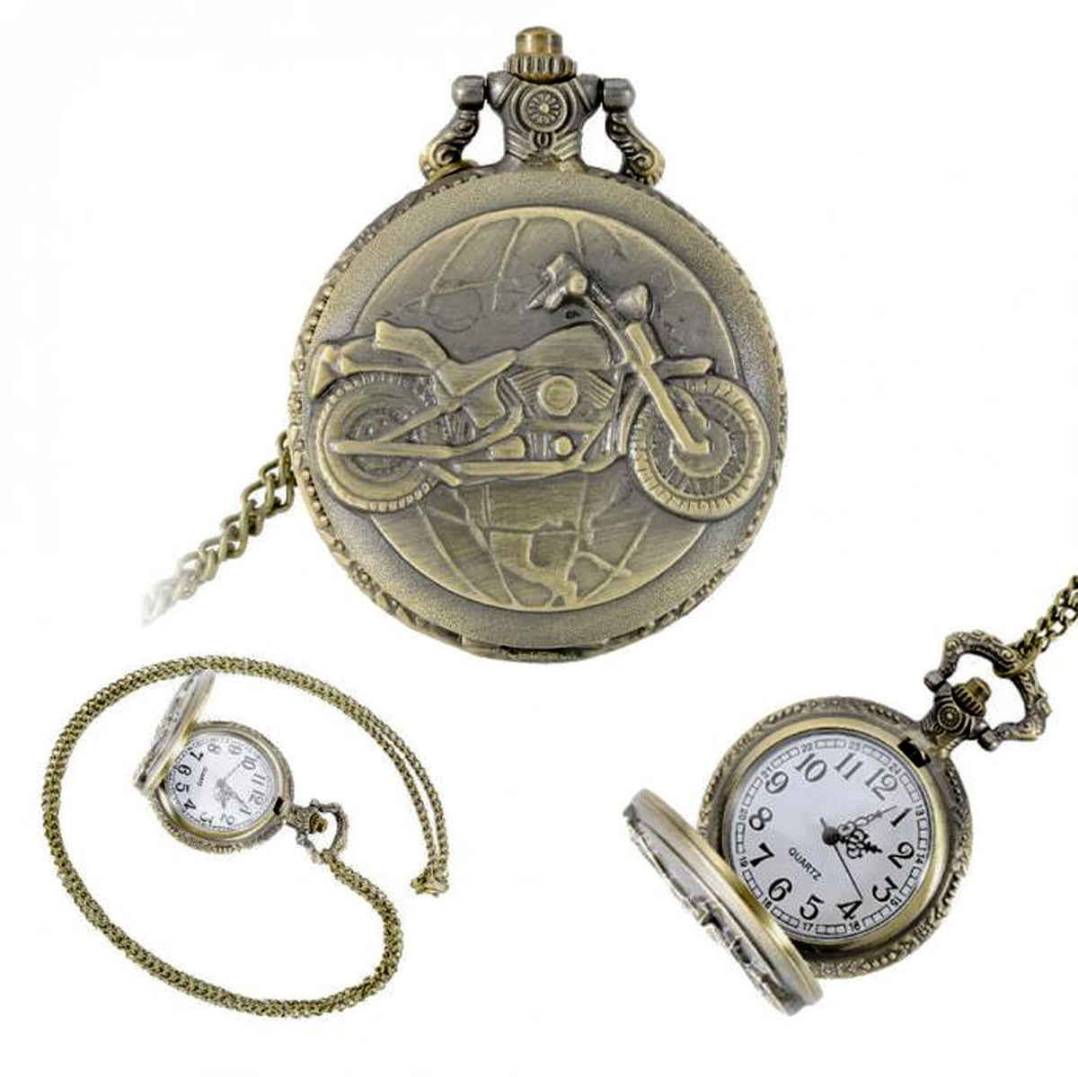 Motorbike/Motorcycle Themed Men's Quartz Pocket Watch Necklace - On 32" Inch / 80cm Chain 
