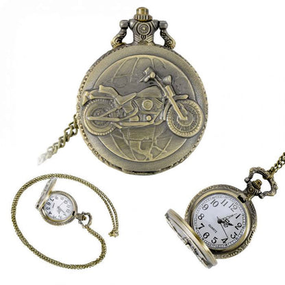 Motorbike/Motorcycle Themed Men's Quartz Pocket Watch Necklace - On 32" Inch / 80cm Chain 