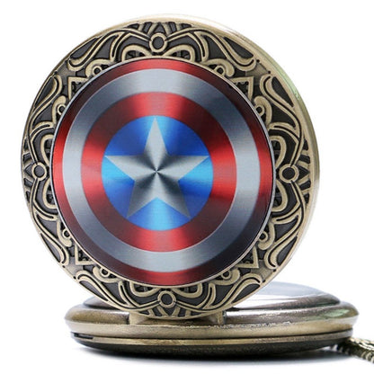 Captain America Shield Bronze Effect Antiqued/Vintage Case Men's Quartz Pocket Watch Necklace - On 32" inch / 80cm Chain