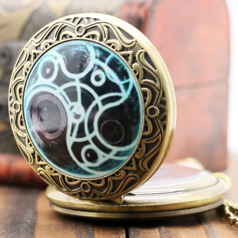 DR WHO Luminous Blue Gallifrey Timelord Seal Bronze Effect Retro/Vintage Case Full Hunter Mens/Boys Quartz Pocket Watch Necklace - On 32" Inch / 80cm Chain