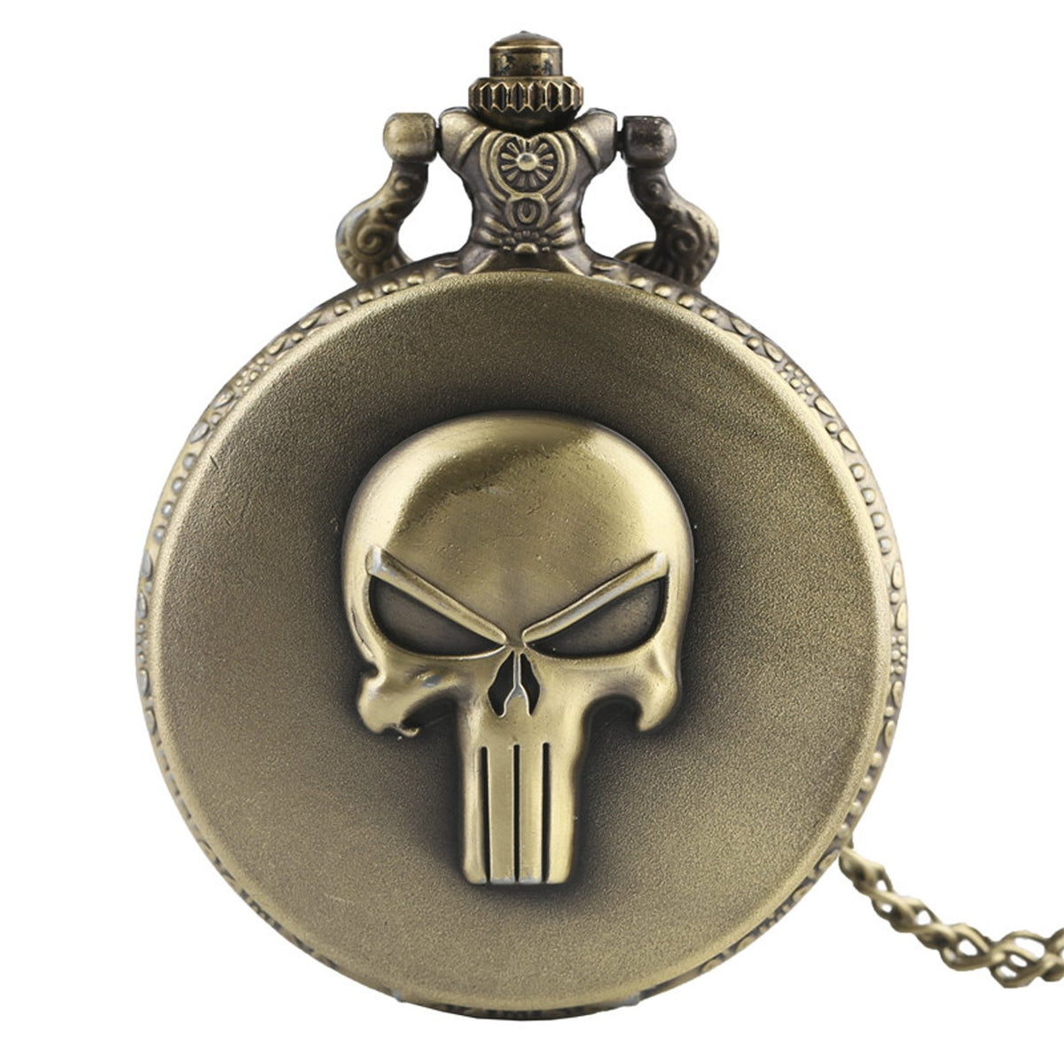 Skull Themed 3D Brushed Bronze Effect Quartz Pocket Watch Necklace - On 32" Inch / 80cm Chain