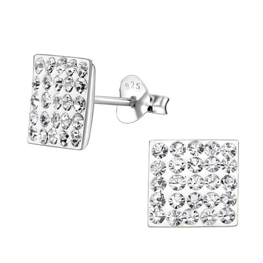 8MM Bling LADIES Square Micro Pave Austrian Crystal Sterling Silver Stud Earrings/Ear Studs for Women/Teenage/Girls - 925 Sterling Silver - White/Clear