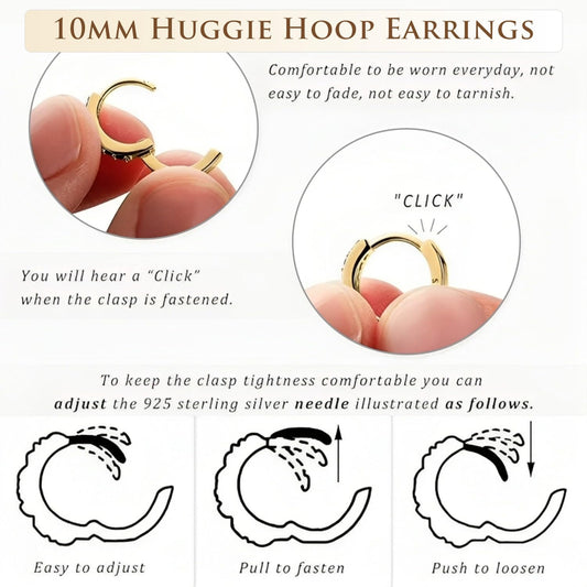 10MM Sterling Silver Huggie Hinged Hoop Earrings for Women Men Unisex - 925 Sterling Silver Round Hoop Earrings - Small Cartilage Nose Septum Helix Rook Lip Lobe Mini Sleeper Earrings