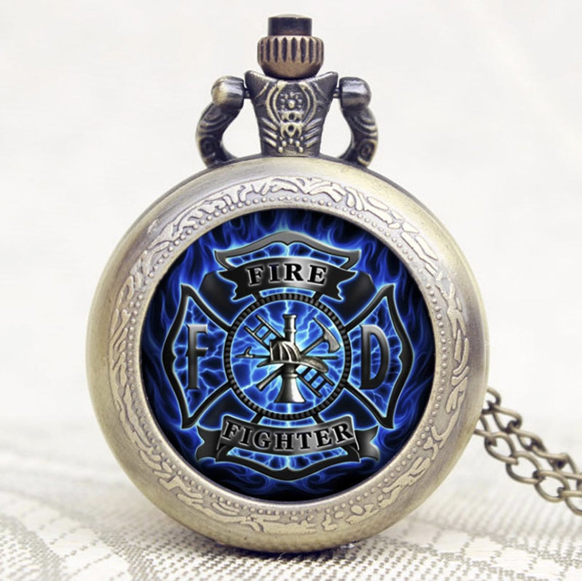 Blue Fireman/Firefighter Bronze Effect Antiqued/Vintage Case Men's Quartz Pocket Watch Necklace - On 32" Inch / 80cm Chain