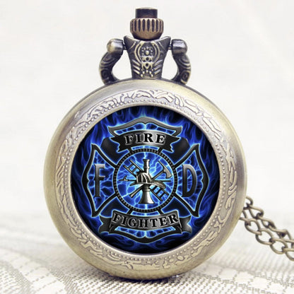 Blue Fireman/Firefighter Bronze Effect Antiqued/Vintage Case Men's Quartz Pocket Watch Necklace - On 32" Inch / 80cm Chain
