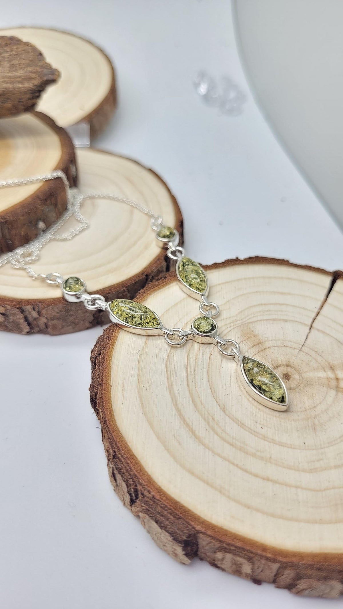 Amber Sterling Silver Necklace - Unusual Chain & Beads Amber Necklace - Amber Jewellery 030196