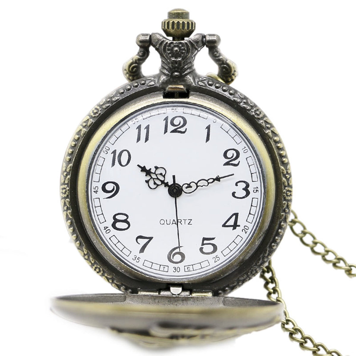 STEAM Train/Locomotive Engine Themed 3D Bronze Effect Men's Quartz Pocket Watch Necklace - 