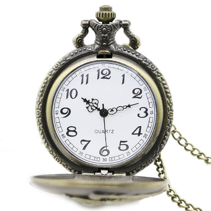 STEAM Train/Locomotive Engine Themed 3D Bronze Effect Men's Quartz Pocket Watch Necklace - 