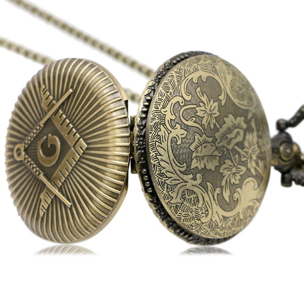 Freemasons Masonic Bronze Effect Retro/Vintage Case Men's Quartz Pocket Watch Necklace - On 32" Inch / 80cm Chain