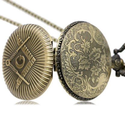 Freemasons Masonic Bronze Effect Retro/Vintage Case Men's Quartz Pocket Watch Necklace - On 32" Inch / 80cm Chain