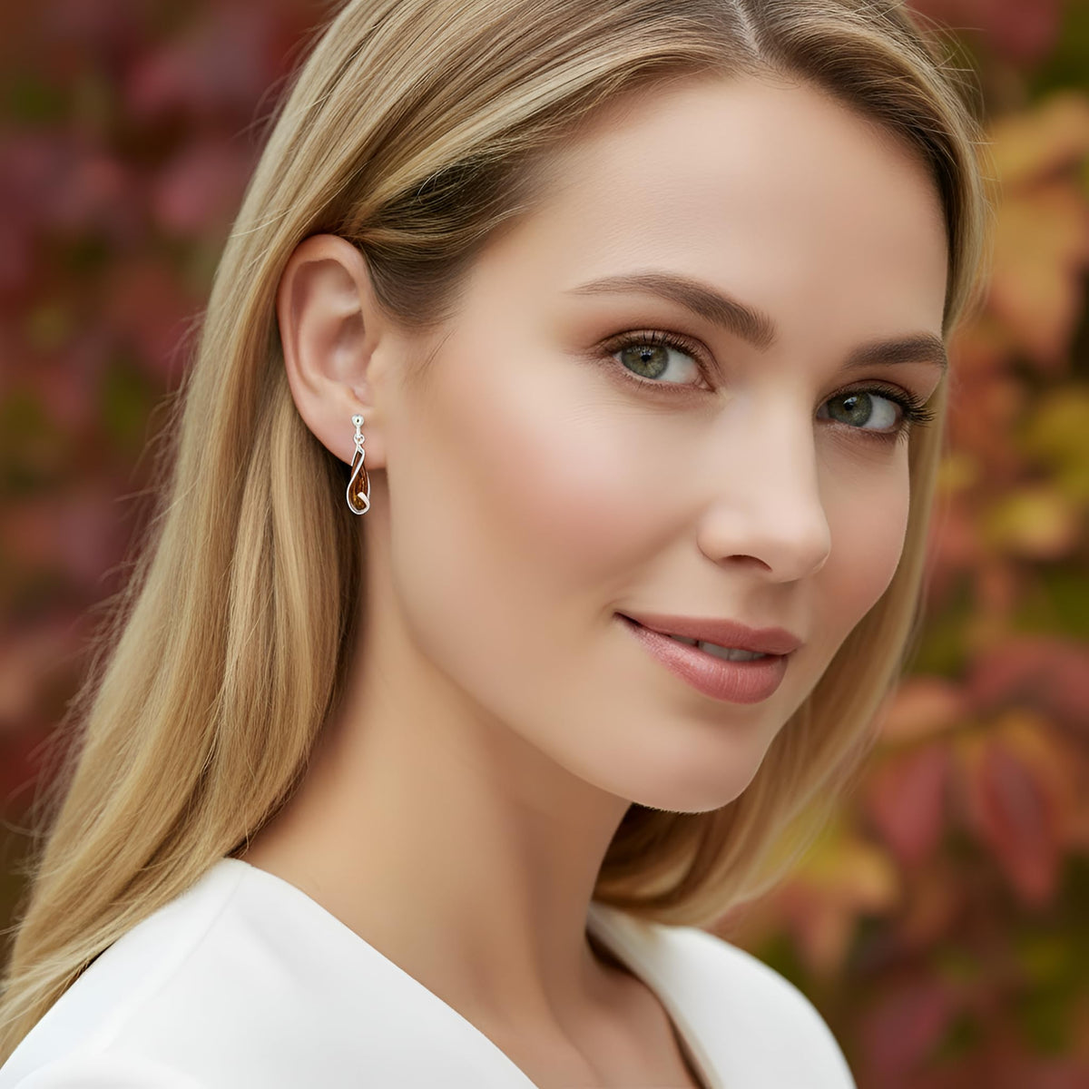Looped Lozenge 925 Sterling Silver Amber Earrings for Women/Girls - Unusual Dangly/Dangling Sterling Silver Drop Earrings for Women - Ear Stud Baltic Amber Jewellery. 080467