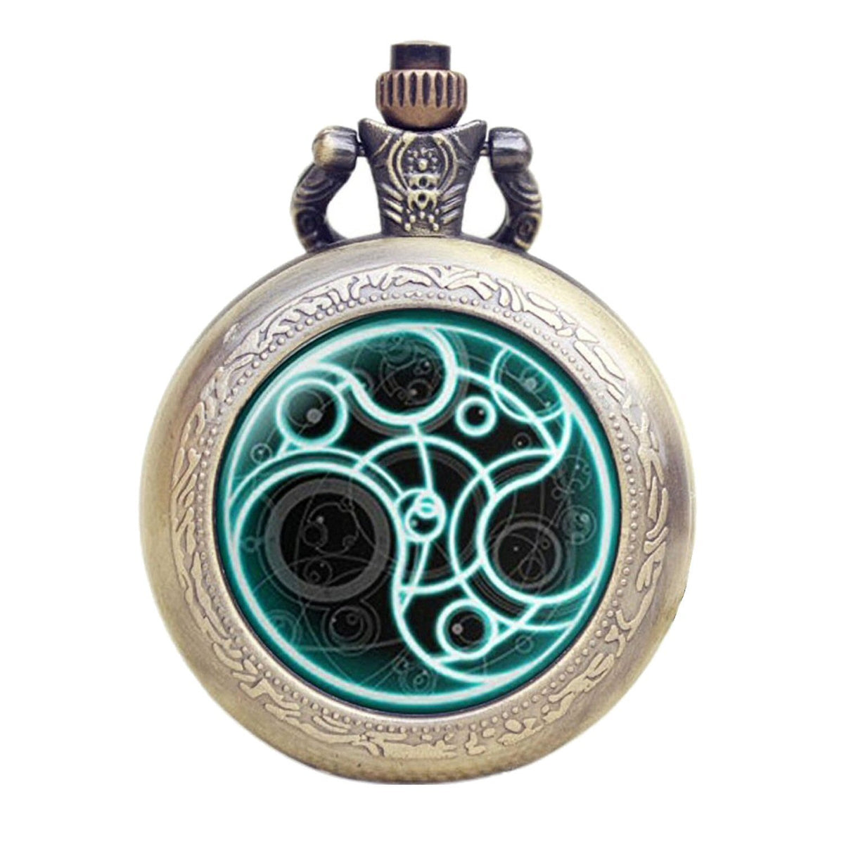 DR WHO Luminous Blue Gallifrey Timelord Seal Bronze Effect Retro/Vintage Case Full Hunter Mens/Boys Quartz Pocket Watch Necklace - On 32" Inch / 80cm Chain