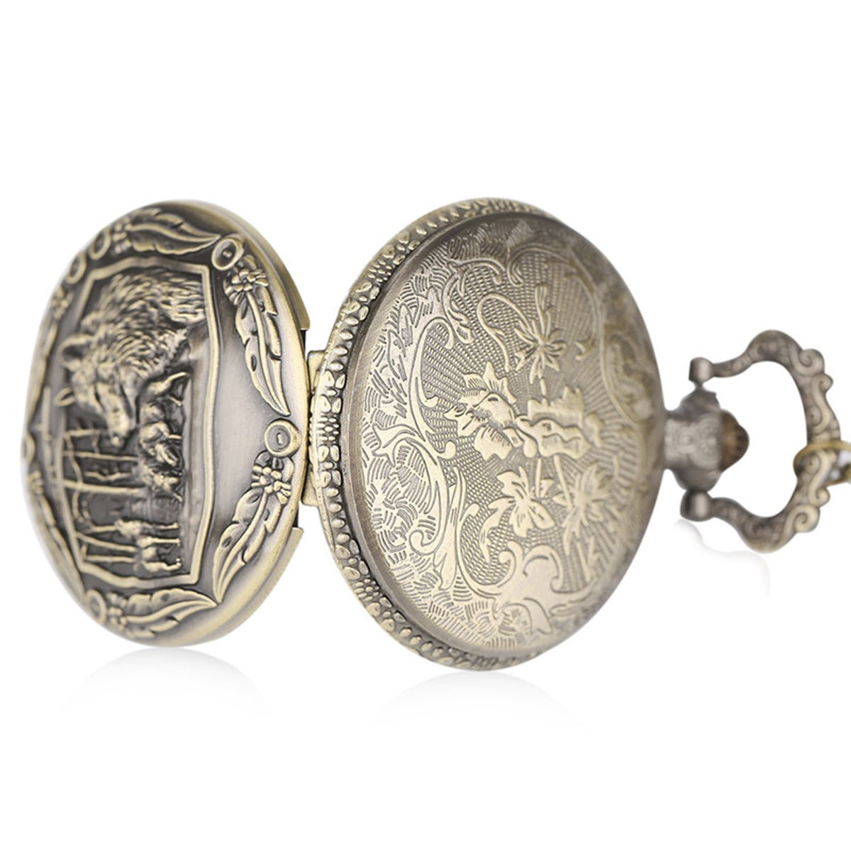 Dogs/Wolf/Wolves with Ornate Border 3D Bronze Effect Antiqued/Vintage Case Men's Quartz Pocket Watch Necklace - On 32" Inch / 80cm Chain