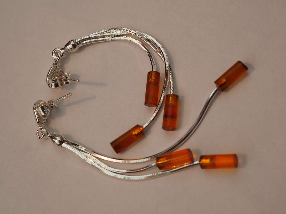 Triple Cognac Amber Tubes Long Fancy Dangly/Dangle Drop Silver Earrings for Women/Teenage/Girls - 925 Sterling Silver - Amber Jewellery - 9mm W X 64mm H - Weight: 3.22 Grams