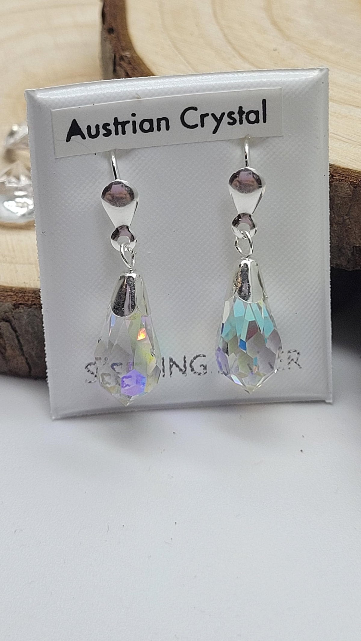 24MM WOMENS Sparkly Rainbow AURORA AB Pear/Teardrop Cut Austrian Crystal Dangly/Dangle Drop Fishhook Earrings - 925 Sterling Silver