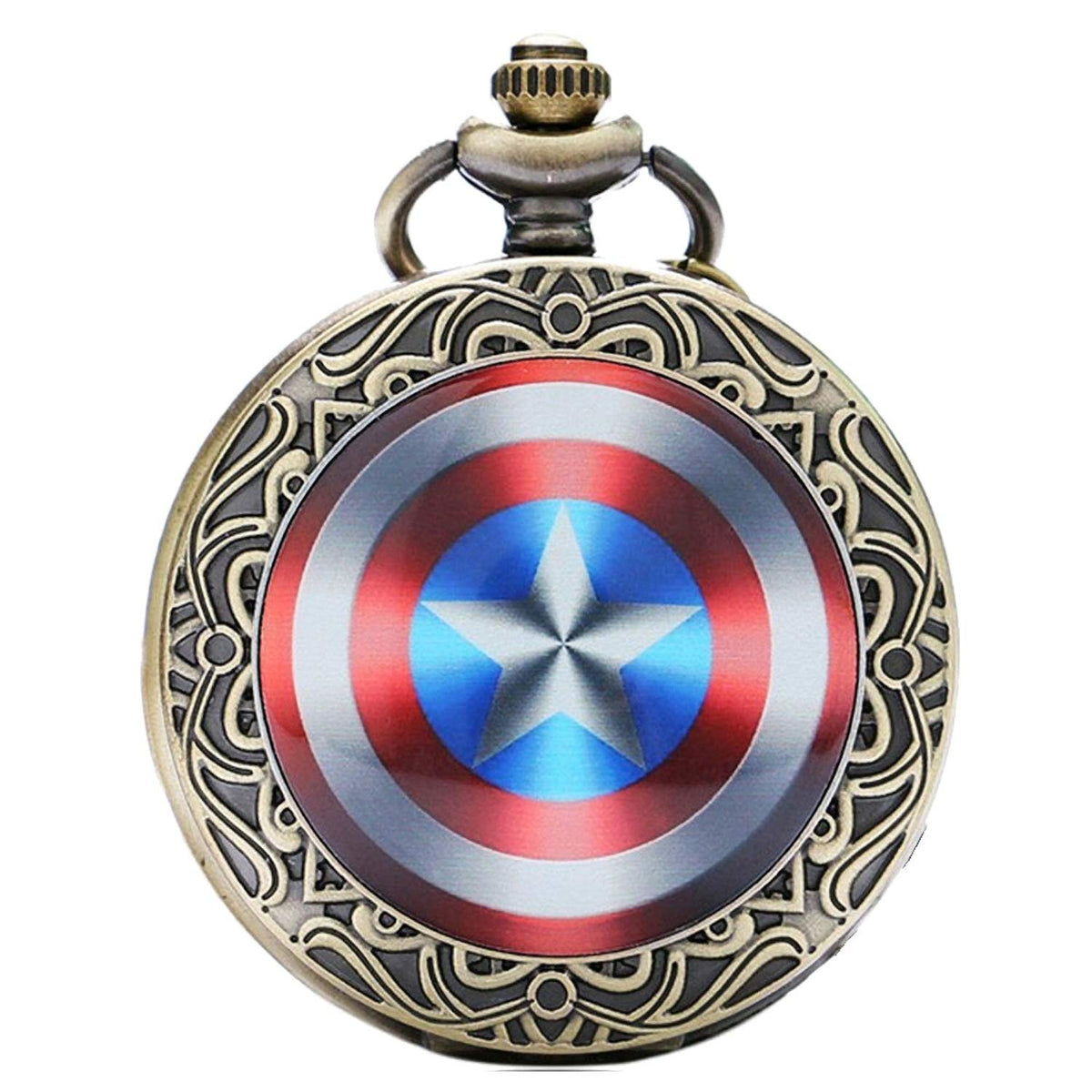 Captain America Shield Bronze Effect Antiqued/Vintage Case Men's Quartz Pocket Watch Necklace - On 32" inch / 80cm Chain