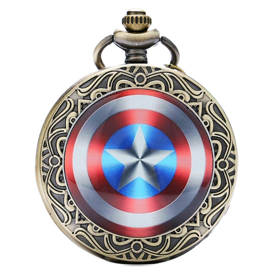 Captain America Shield Bronze Effect Antiqued/Vintage Case Men's Quartz Pocket Watch Necklace - On 32" inch / 80cm Chain