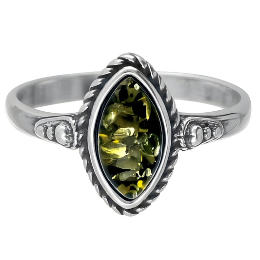 Vintage Rope-Edged Marquise Cut Amber Sterling Silver Ring With Ornate Shoulders for Women ##green