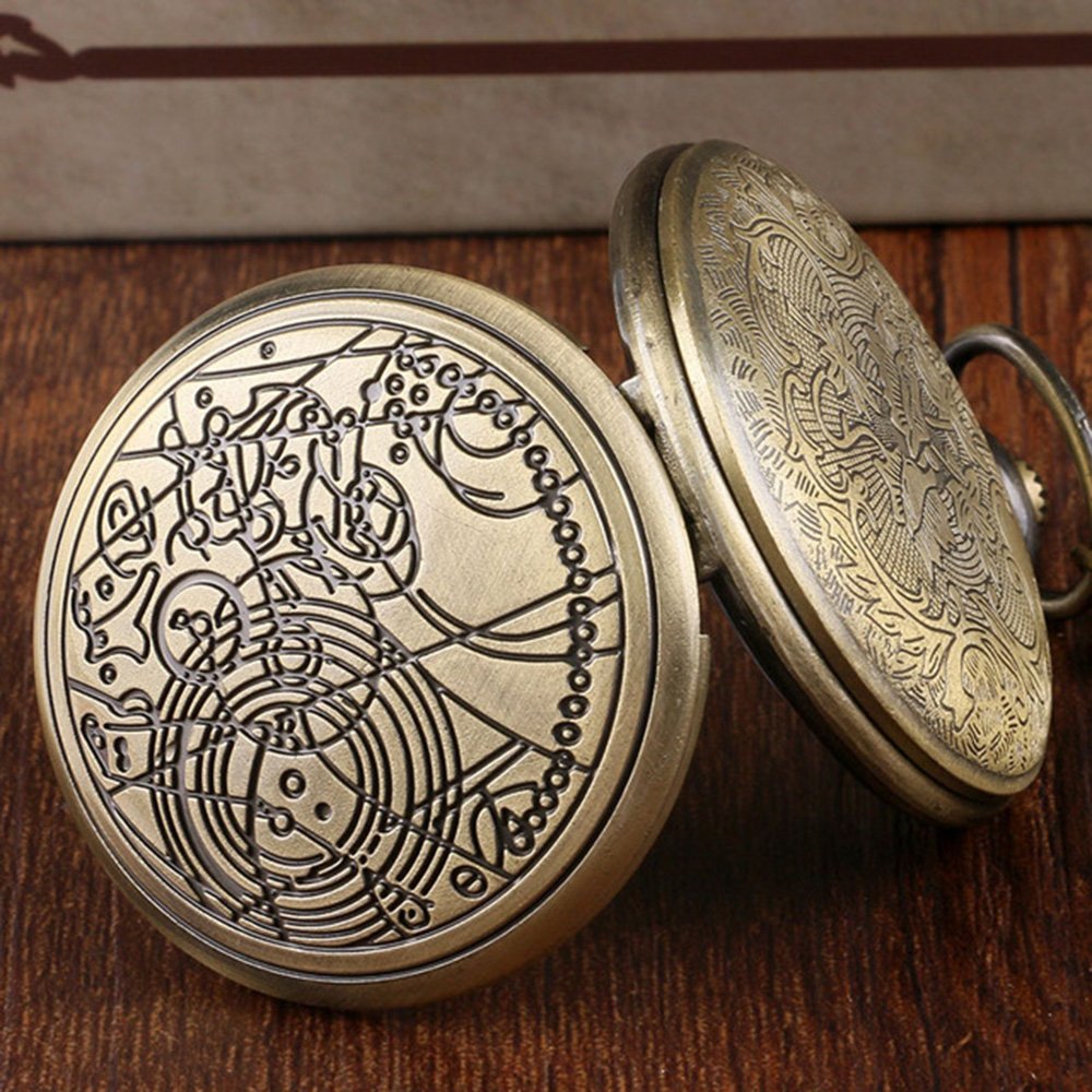 DR WHO Bronze Effect Retro/Vintage Case Full Hunter Mens/Boys Quartz Pocket Watch Necklace - On 32" Inch / 80cm Chain