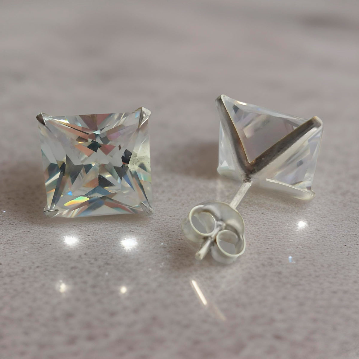 MENS Princess Cut/Square Simulated Diamond Cubic Zirconia (CZ) Sterling Silver Stud Earrings/Ear Studs - White/Clear - 5MM 8MM 10MM