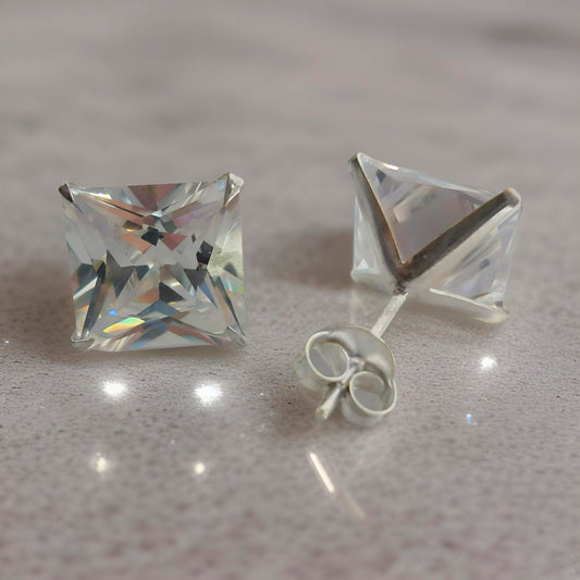 MENS Princess Cut/Square Simulated Diamond Cubic Zirconia (CZ) Sterling Silver Stud Earrings/Ear Studs - White/Clear - 5MM 8MM 10MM