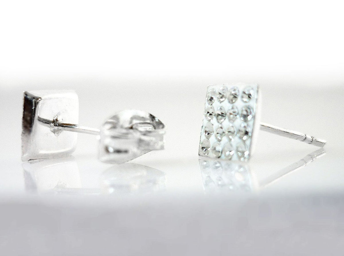 6MM Bling MENS Square Micro Pave Austrian Crystal Sterling Silver Stud Earrings – White/Clear -