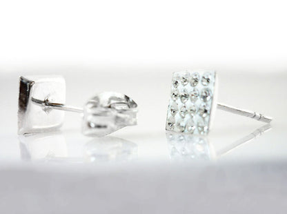 6MM Bling MENS Square Micro Pave Austrian Crystal Sterling Silver Stud Earrings – White/Clear -