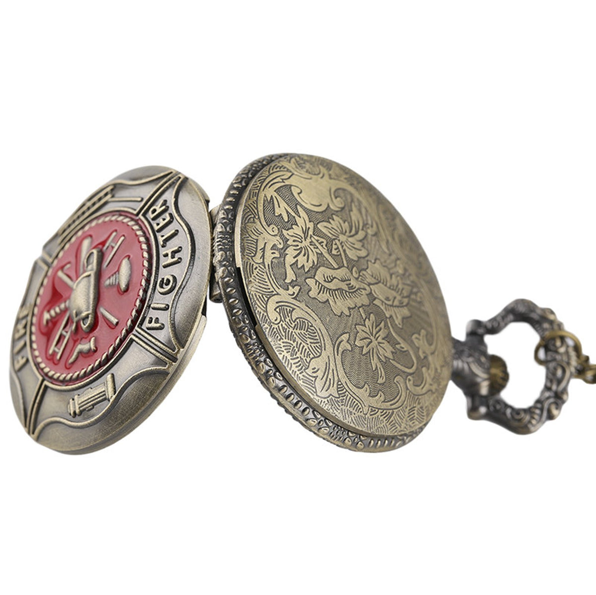 RED Fireman/Firefighter 3D Brushed Bronze Effect Antiqued/Vintage Case Men's Quartz Pocket Watch Necklace - On 32" Inch / 80cm Chain