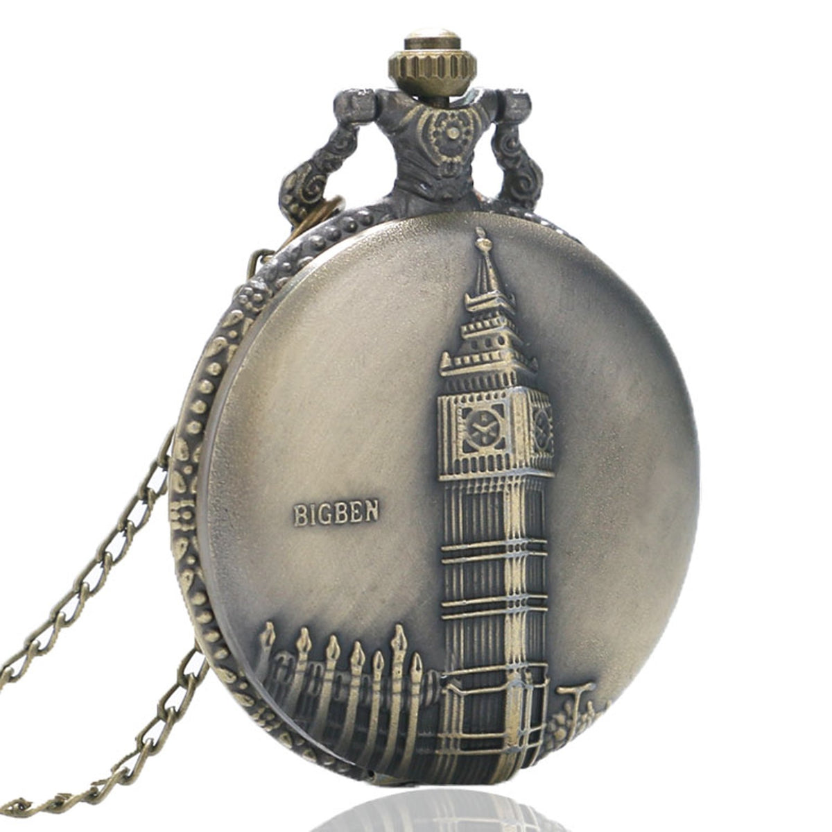 Big Ben Clock of London Brushed Bronze Effect Antiqued/Vintage Case Men's Quartz Pocket Watch Necklace - On 32" Inch / 80cm Chain